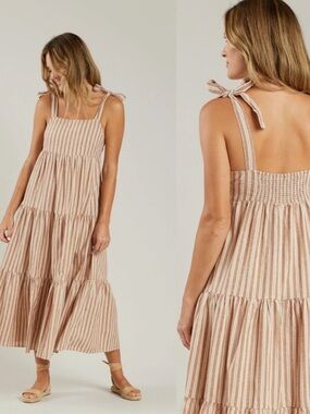 Rylee + Cru Striped Tie-Shoulder Maxi Dress in Beige and White